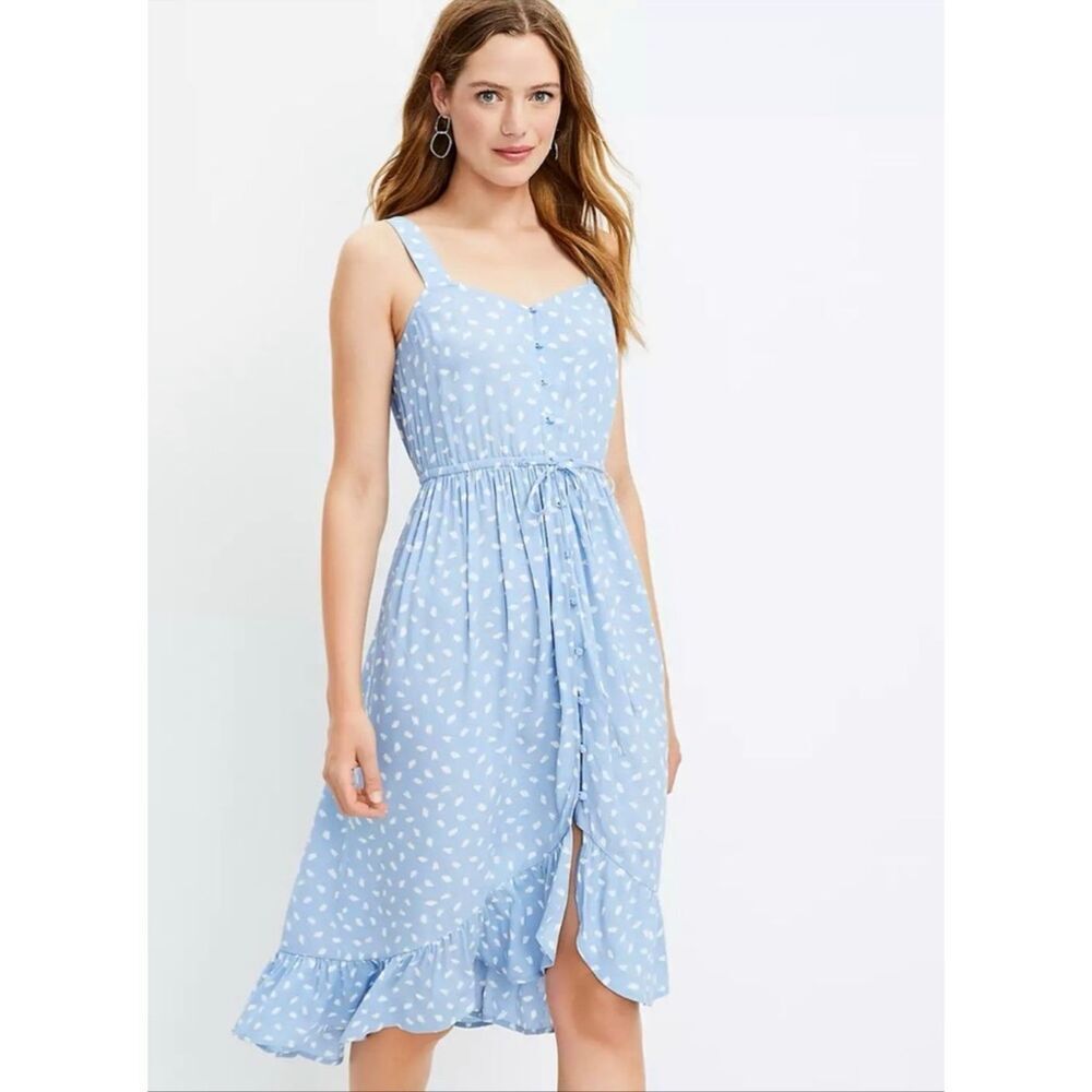 Loft Blue White Brushstroke Print Button Front Ruffle Hi Low Midi Dress Size 8